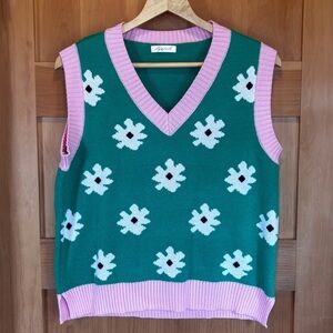 Green Floral Knit Sweater Vest with Pink Trim